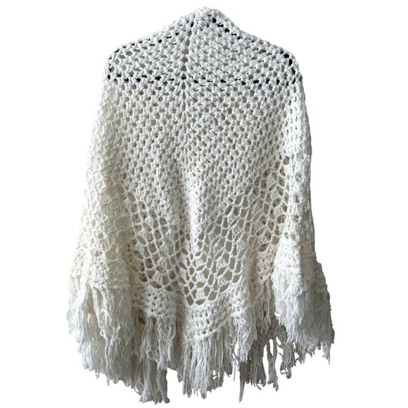 Handmade Crochet White Shawl With Tassels Cozy & Elegant Perfect For Layering Wr - Picture 2 of 2